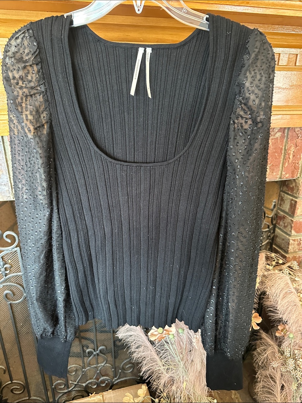 Anthropologie NWT, Sz L, Ribbed Body Sweater w/  Sheer Beaded Sleeves